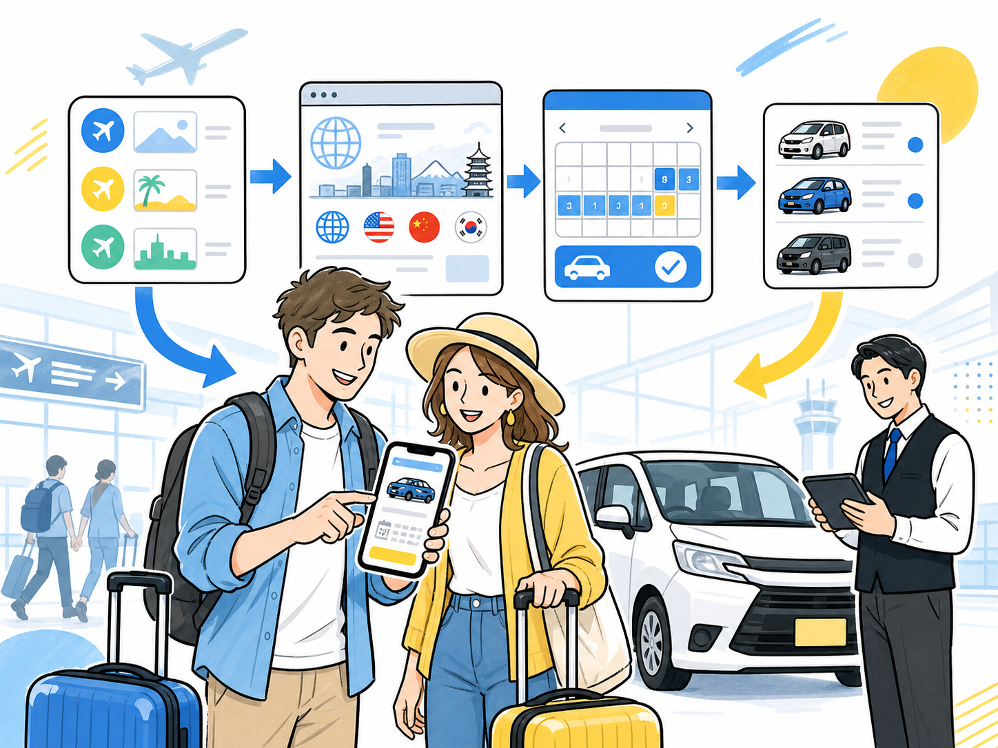 外国人観光客のレンタカー予約を多言語サイト、OTA、在庫管理、現場対応へつなぐイメージ